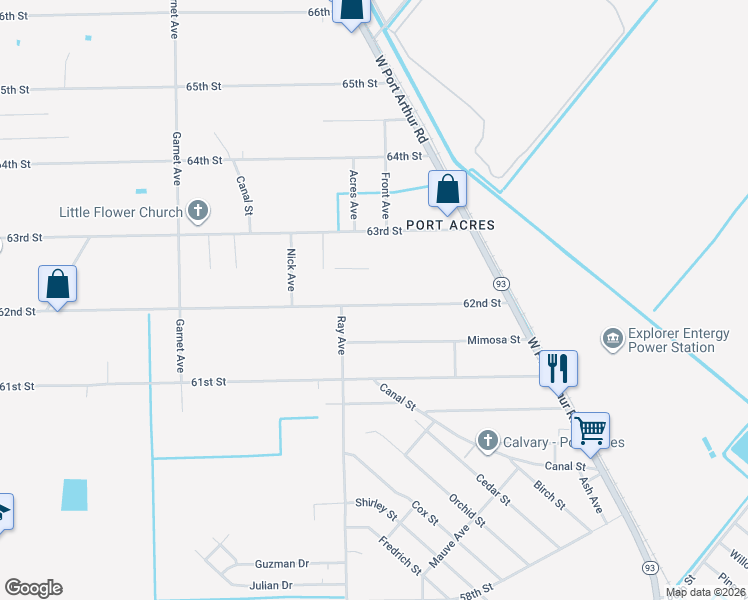 map of restaurants, bars, coffee shops, grocery stores, and more near 2355 62nd Street in Port Arthur