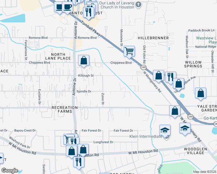 map of restaurants, bars, coffee shops, grocery stores, and more near 5626 Spindle Drive in Houston