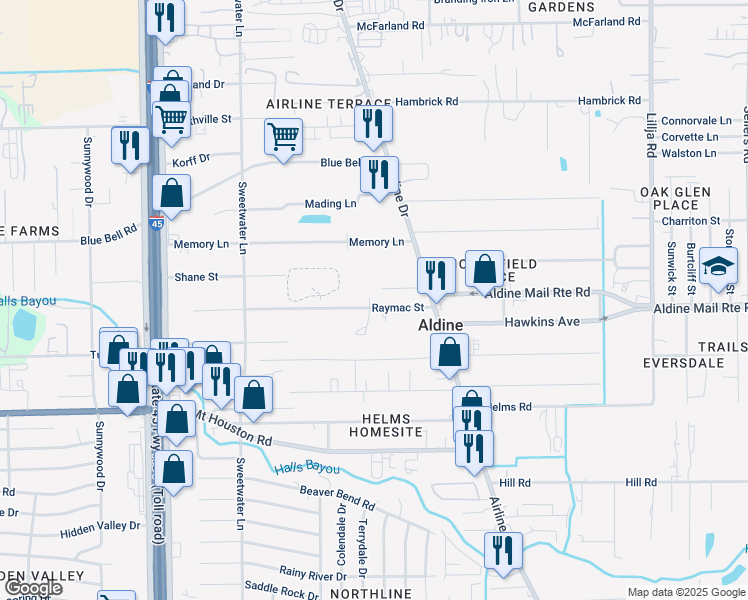 map of restaurants, bars, coffee shops, grocery stores, and more near 150 Raymac Street in Houston
