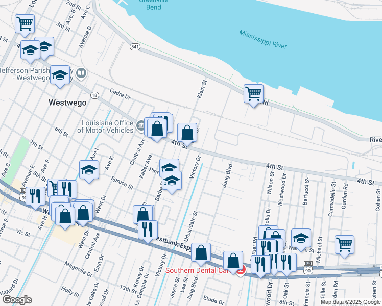 map of restaurants, bars, coffee shops, grocery stores, and more near 523 Homewood Place in Westwego