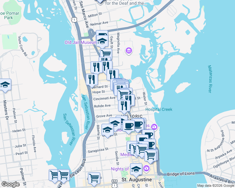 map of restaurants, bars, coffee shops, grocery stores, and more near 82 San Marco Avenue in St. Augustine