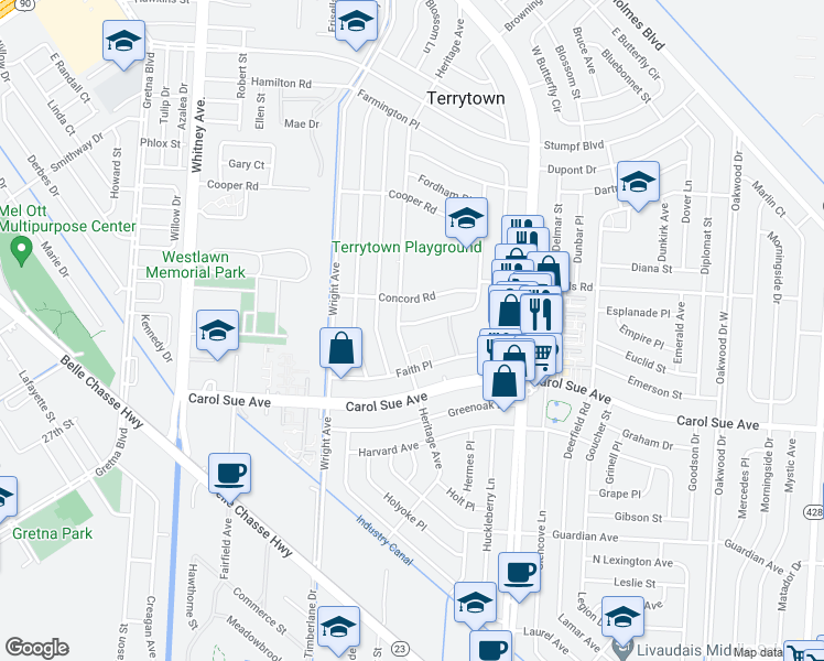 map of restaurants, bars, coffee shops, grocery stores, and more near 1906 South Forest Lawn Drive in Terrytown