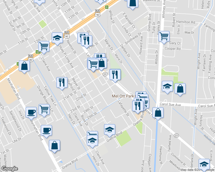 map of restaurants, bars, coffee shops, grocery stores, and more near 2208 Lafayette Street in Gretna
