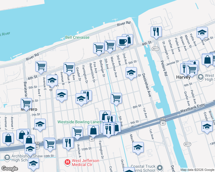 map of restaurants, bars, coffee shops, grocery stores, and more near 601 Bellanger Street in Harvey