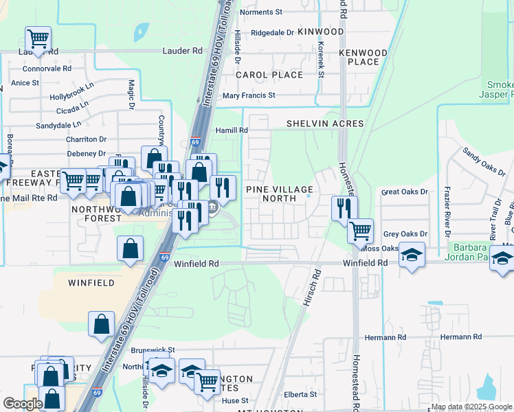map of restaurants, bars, coffee shops, grocery stores, and more near 12211 West Village Drive in Houston