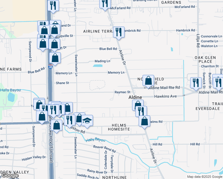 map of restaurants, bars, coffee shops, grocery stores, and more near 150 Raymac Street in Houston
