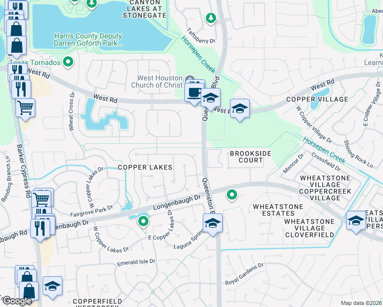 map of restaurants, bars, coffee shops, grocery stores, and more near 16934 Sandestine Drive in Houston