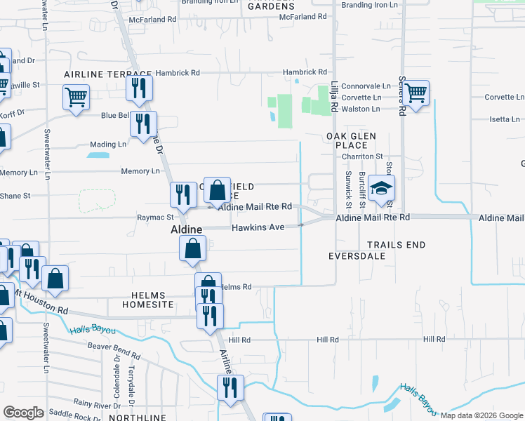map of restaurants, bars, coffee shops, grocery stores, and more near 414 Aldine Mail Route Road in Houston