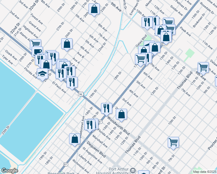 map of restaurants, bars, coffee shops, grocery stores, and more near 3098 18th Street in Port Arthur