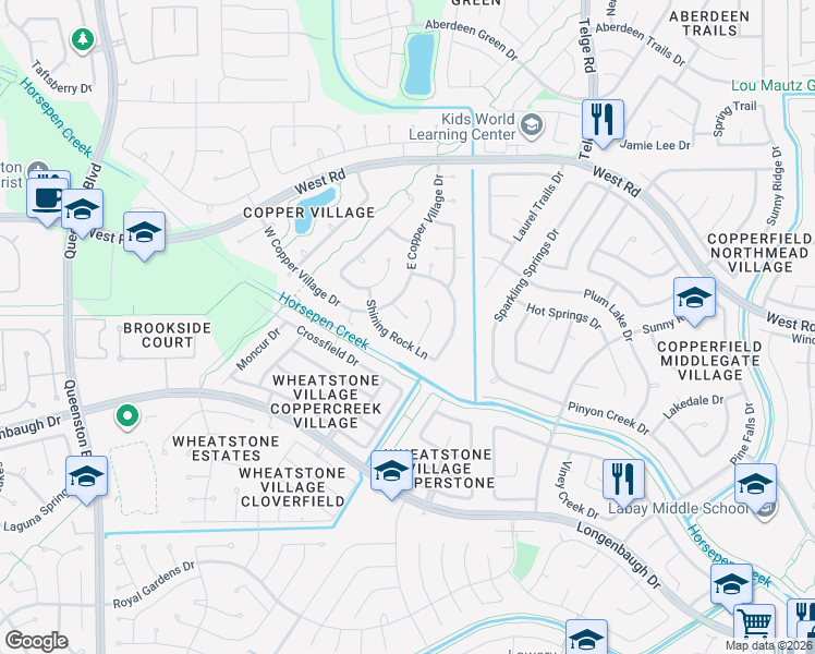 map of restaurants, bars, coffee shops, grocery stores, and more near 16307 Candlerock Court in Houston