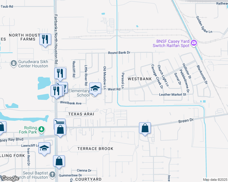 map of restaurants, bars, coffee shops, grocery stores, and more near 8334 Bridgefoot Lane in Houston