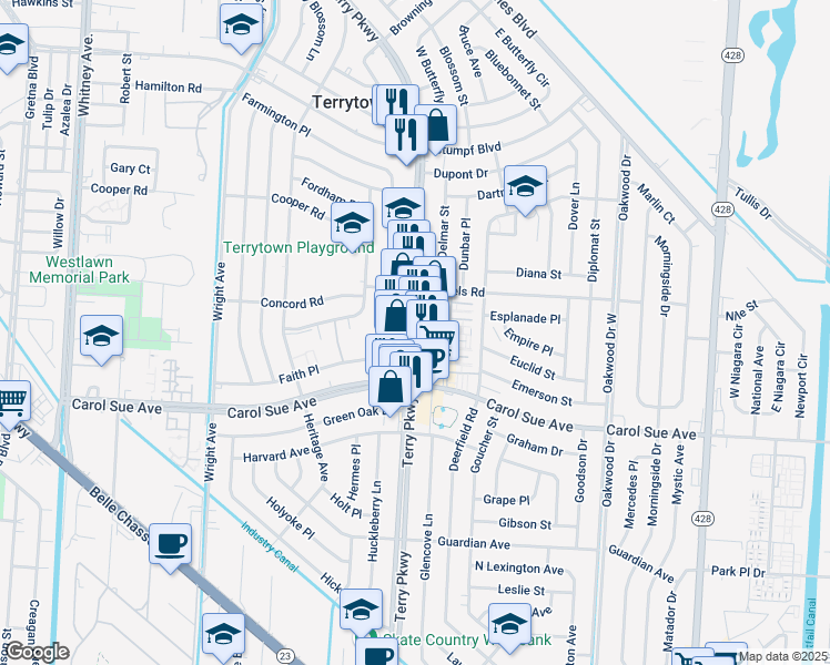 map of restaurants, bars, coffee shops, grocery stores, and more near 361 Terry Parkway in Terrytown