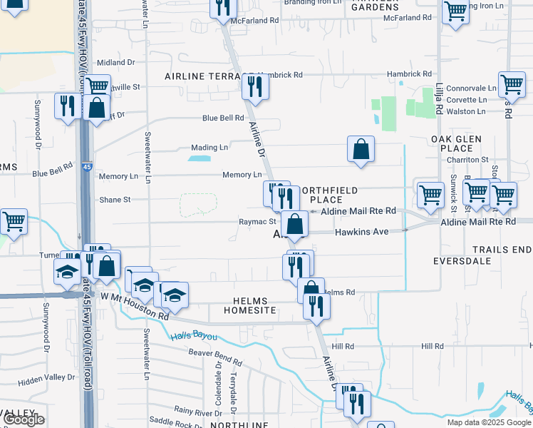 map of restaurants, bars, coffee shops, grocery stores, and more near 128 Raymac Street in Houston