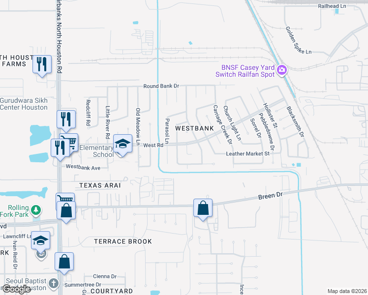map of restaurants, bars, coffee shops, grocery stores, and more near 8335 Drum Roll Drive in Houston