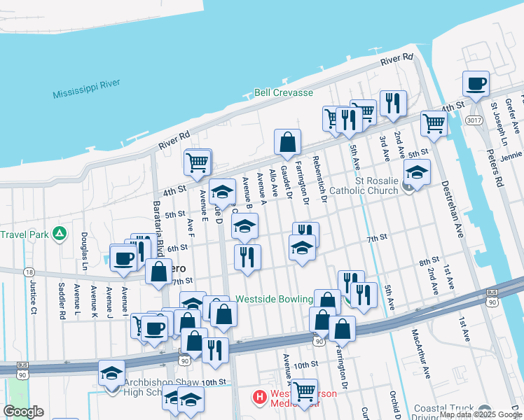 map of restaurants, bars, coffee shops, grocery stores, and more near 514 Avenue A in Marrero