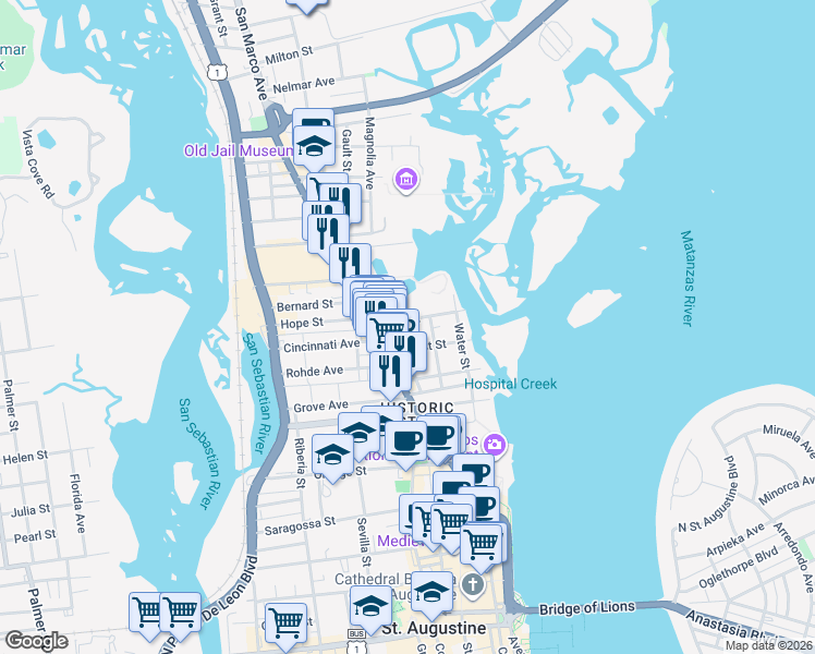 map of restaurants, bars, coffee shops, grocery stores, and more near 11 Pine Street in St. Augustine