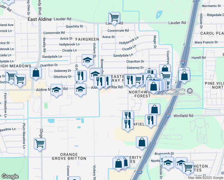 map of restaurants, bars, coffee shops, grocery stores, and more near 4750 Aldine Mail Route Road in Houston