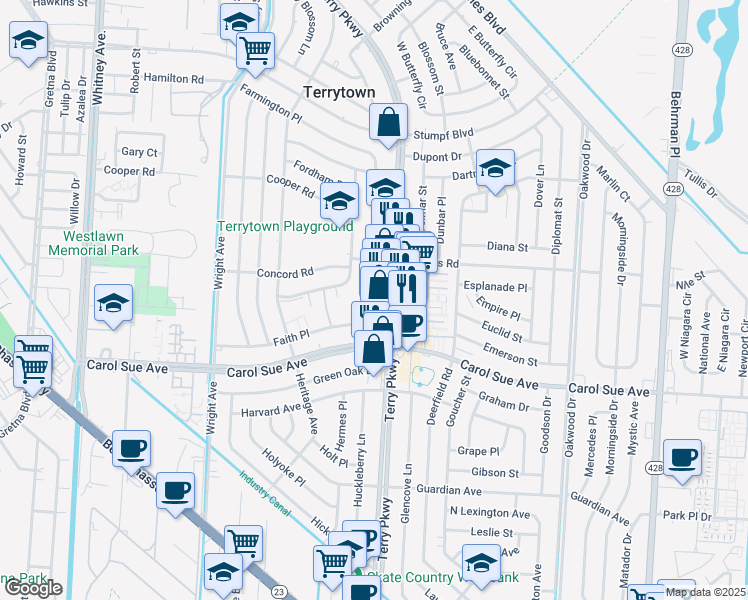 map of restaurants, bars, coffee shops, grocery stores, and more near 628 Farmington Place in Terrytown