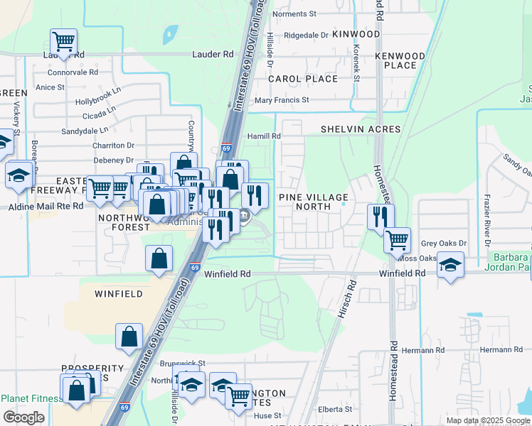 map of restaurants, bars, coffee shops, grocery stores, and more near 5435 Aldine Mail Route Road in Houston