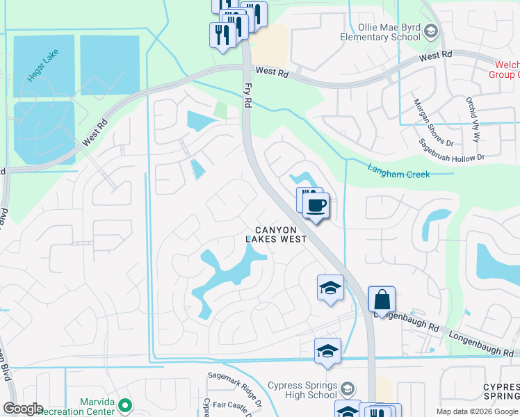 map of restaurants, bars, coffee shops, grocery stores, and more near 20518 Glademill Court in Cypress