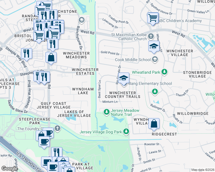 map of restaurants, bars, coffee shops, grocery stores, and more near 8930 Red Cloud Road in Houston