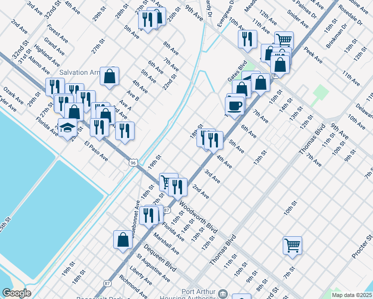 map of restaurants, bars, coffee shops, grocery stores, and more near 3101 18th Street in Port Arthur