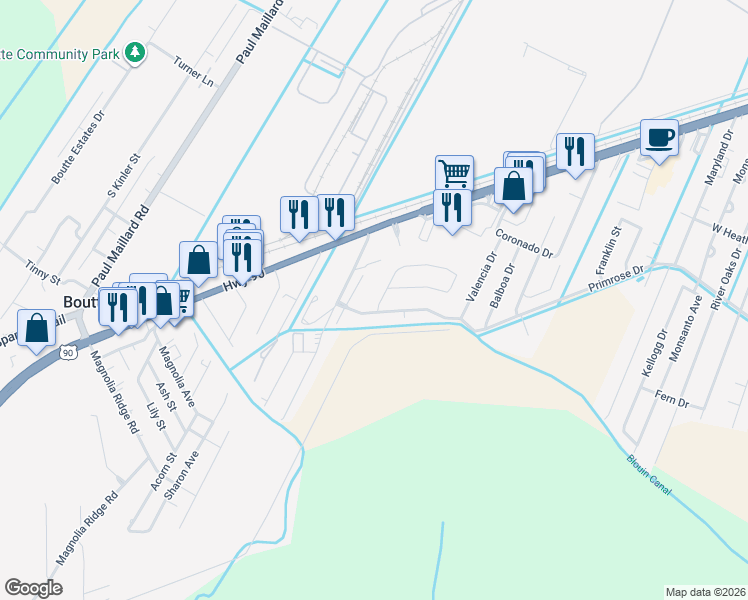 map of restaurants, bars, coffee shops, grocery stores, and more near 1250 Primrose Drive in Boutte
