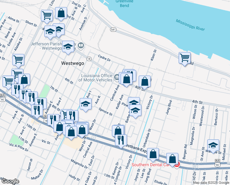 map of restaurants, bars, coffee shops, grocery stores, and more near 622 Central Avenue in Westwego