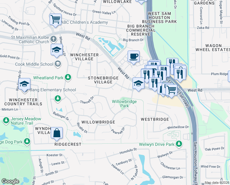 map of restaurants, bars, coffee shops, grocery stores, and more near 8903 Skipping Stone Court in Houston