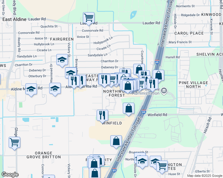map of restaurants, bars, coffee shops, grocery stores, and more near 4930 Aldine Mail Route Road in Houston