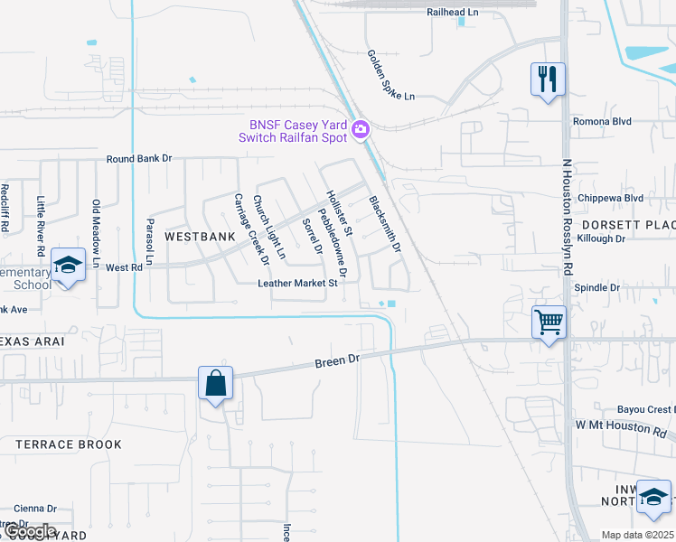 map of restaurants, bars, coffee shops, grocery stores, and more near 8335 Pebbledowne Drive in Houston