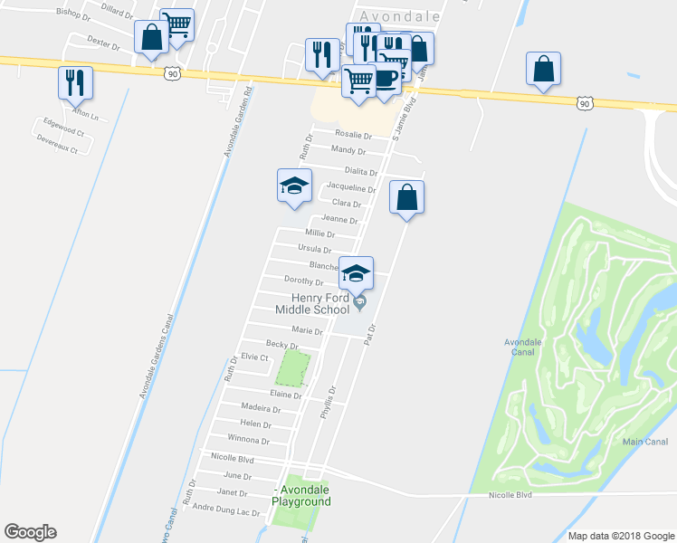 map of restaurants, bars, coffee shops, grocery stores, and more near 105 Blanche Drive in Westwego