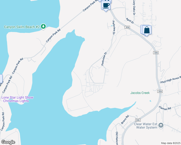 map of restaurants, bars, coffee shops, grocery stores, and more near 1025 Parkview Drive in Canyon Lake