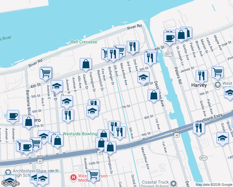 map of restaurants, bars, coffee shops, grocery stores, and more near 601 Bellanger Street in Harvey