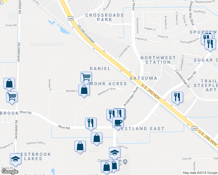 map of restaurants, bars, coffee shops, grocery stores, and more near 13505 Westland East Boulevard in Houston