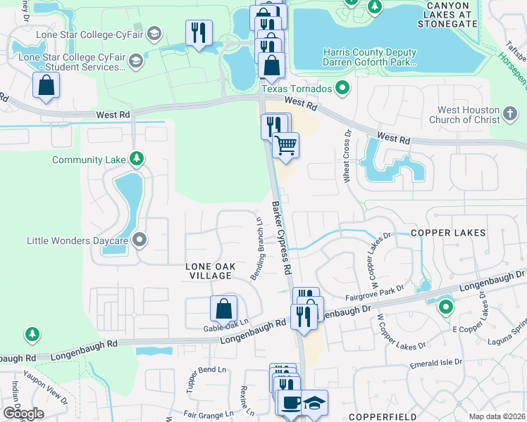 map of restaurants, bars, coffee shops, grocery stores, and more near 8601 Secret Branch Court in Cypress