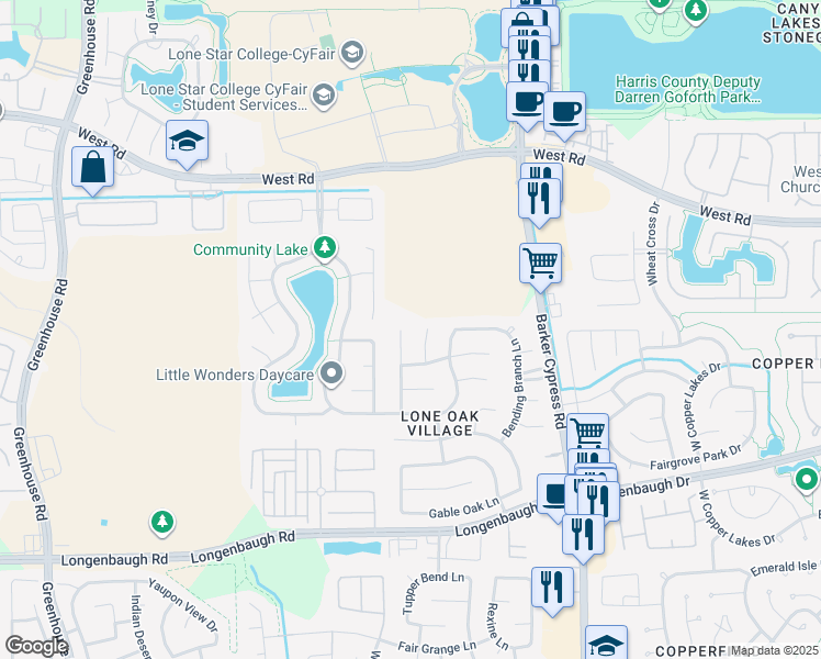 map of restaurants, bars, coffee shops, grocery stores, and more near 8530 Windy Thicket Lane in Cypress