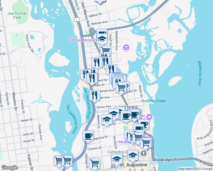 map of restaurants, bars, coffee shops, grocery stores, and more near 15 Hope Street in St. Augustine