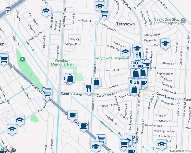 map of restaurants, bars, coffee shops, grocery stores, and more near 717 Wright Avenue in Terrytown