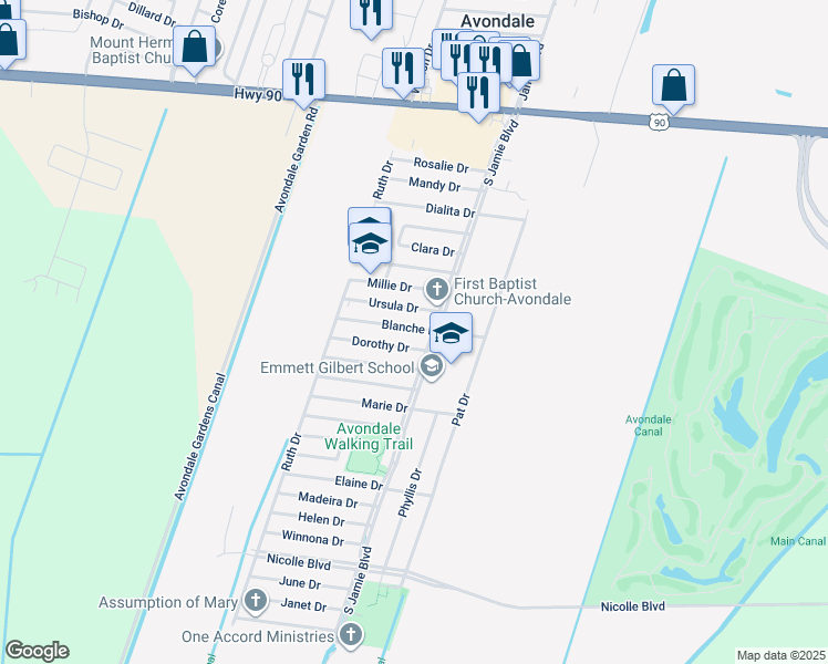 map of restaurants, bars, coffee shops, grocery stores, and more near 113 Blanche Drive in Avondale