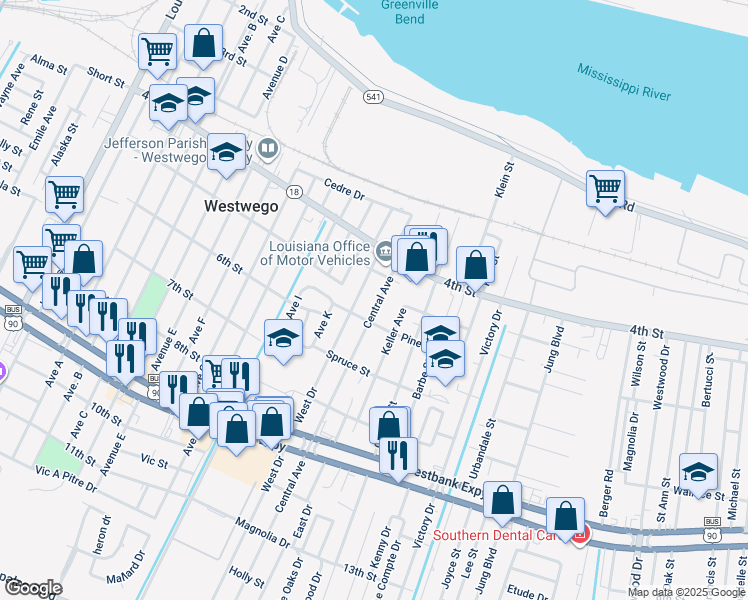 map of restaurants, bars, coffee shops, grocery stores, and more near 622 Central Avenue in Westwego