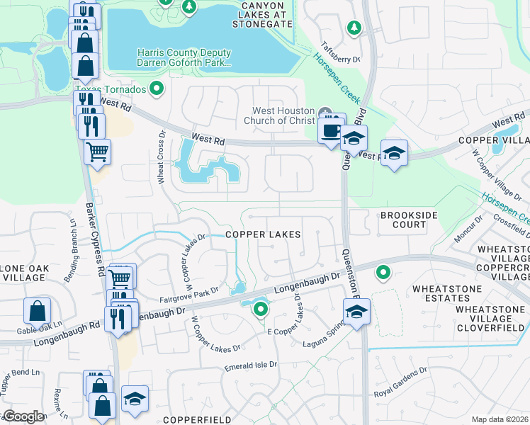 map of restaurants, bars, coffee shops, grocery stores, and more near 17202 Sandestine Drive in Houston