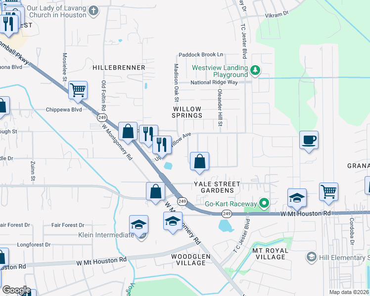 map of restaurants, bars, coffee shops, grocery stores, and more near 11647 Walnut Dale Court in Houston