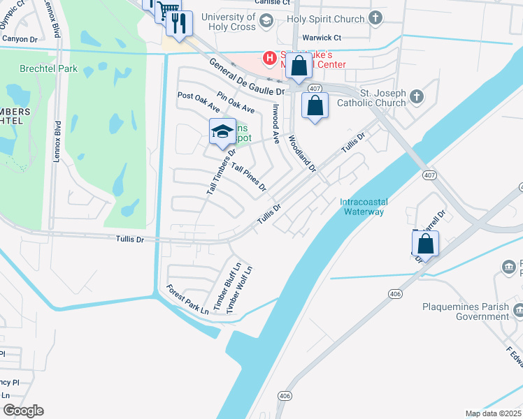 map of restaurants, bars, coffee shops, grocery stores, and more near 5636 Tullis Drive in New Orleans