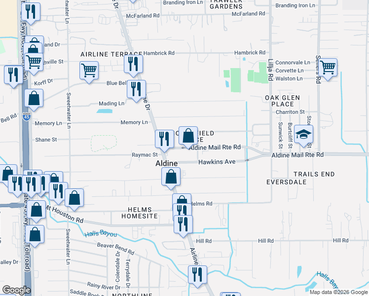 map of restaurants, bars, coffee shops, grocery stores, and more near 134 Aldine Mail Route Road in Houston