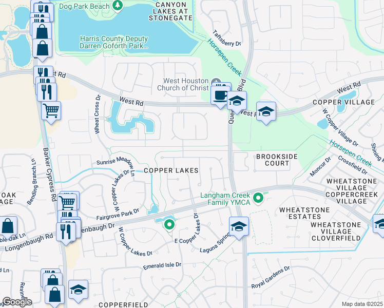 map of restaurants, bars, coffee shops, grocery stores, and more near 17026 Sandestine Drive in Houston