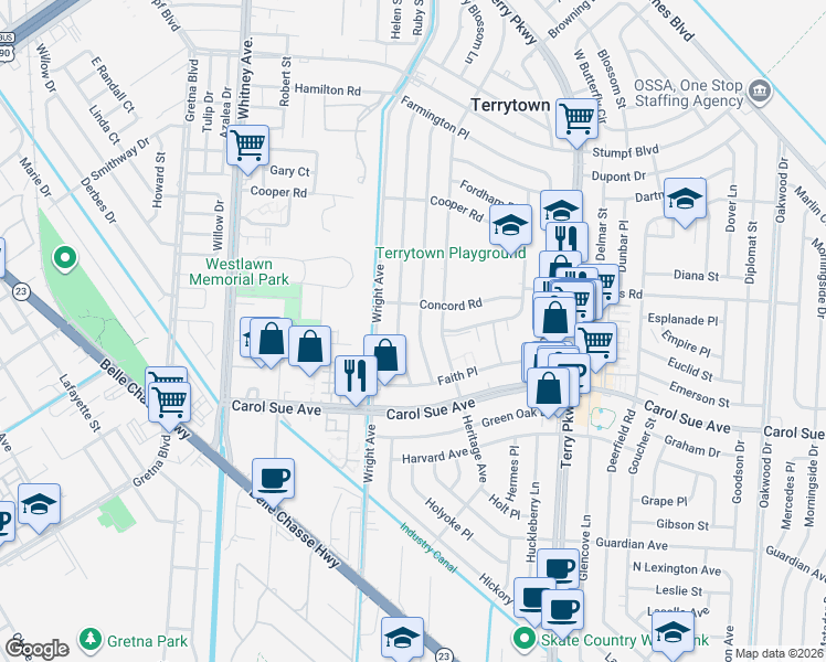 map of restaurants, bars, coffee shops, grocery stores, and more near 717 Fielding Avenue in Terrytown