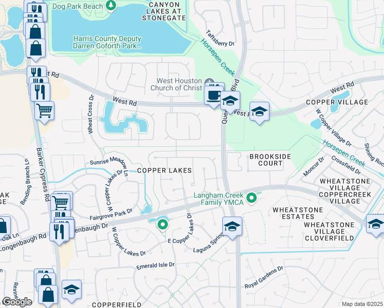 map of restaurants, bars, coffee shops, grocery stores, and more near 17026 Sandestine Drive in Houston