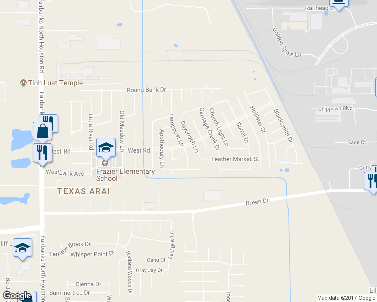 map of restaurants, bars, coffee shops, grocery stores, and more near 8330 Lamppost Lane in Houston