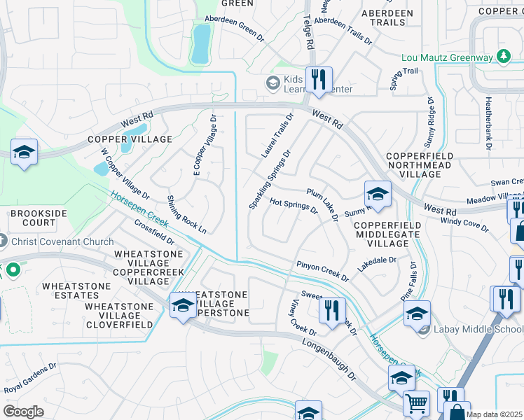 map of restaurants, bars, coffee shops, grocery stores, and more near 8335 Misty Trail Drive in Houston